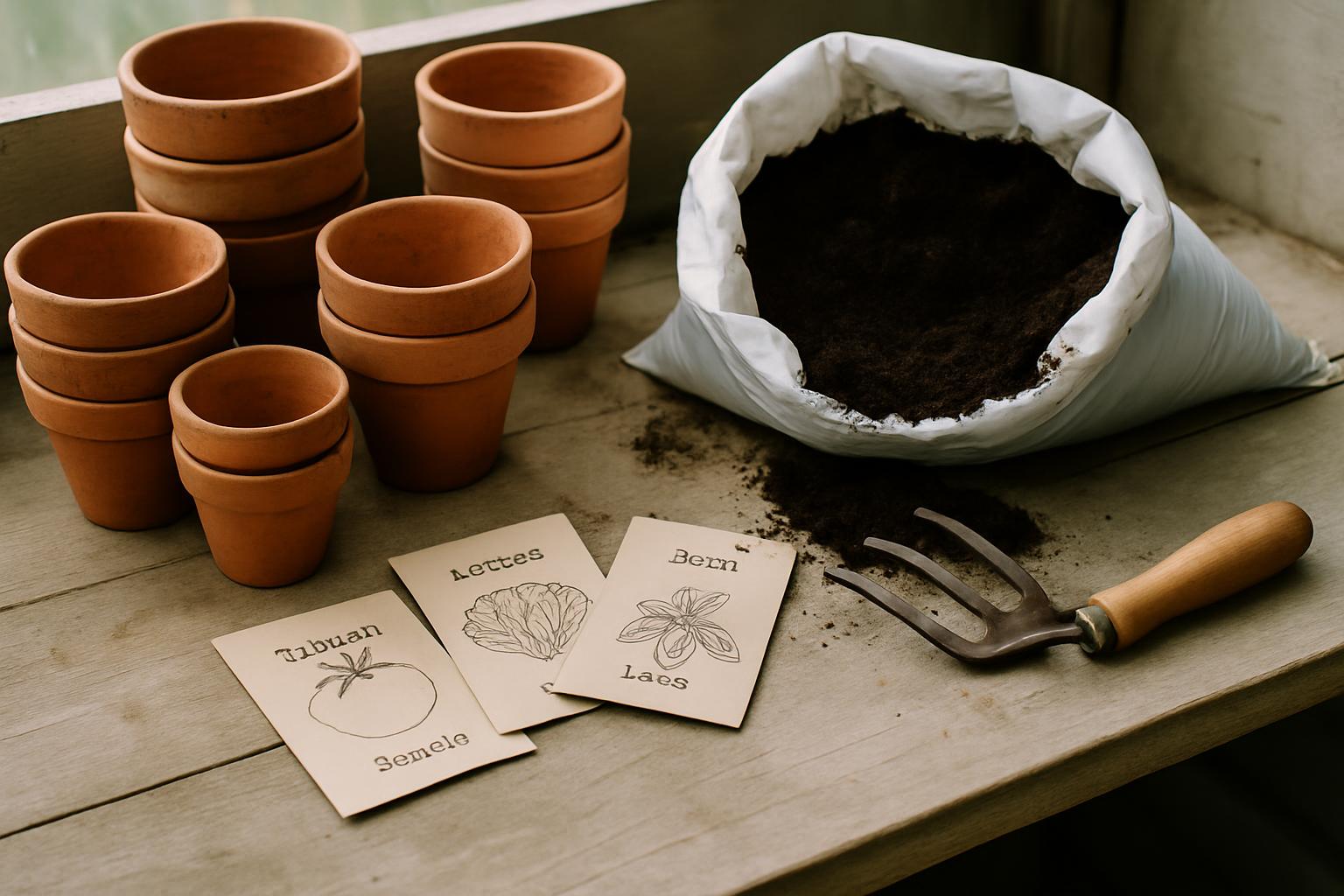Potting bench with stacked terracotta pots, open compost and labelled seed packets